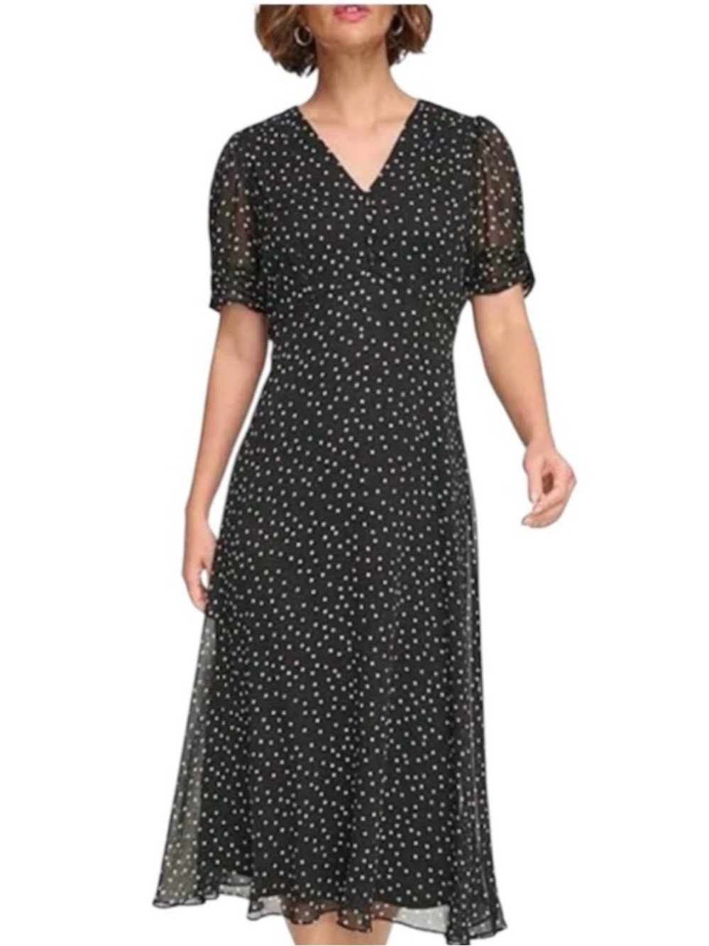 DKYN Black Polka Dot V-Neck Short Sleeve Midi  A-line Chiffon Dress